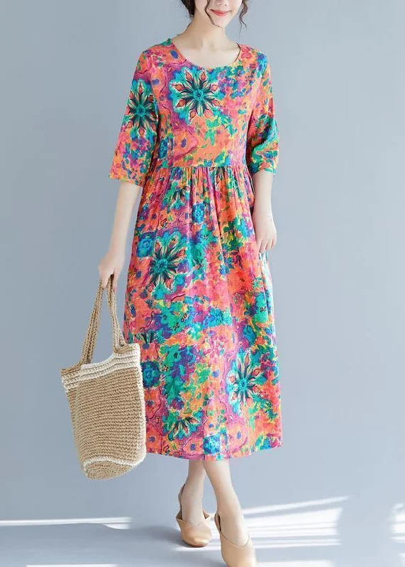 Super Sale boho dressItalian o neck Half sleeve cotton tunics for women Metropolitan Museum Fabrics red print Dress Summer