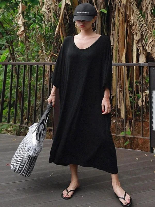 YEAR-End Sale lace dressModern black cotton tunic dress o neck baggy Maxi Dress