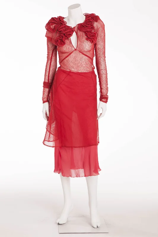 Special Savings Sonia Rykiel - 2PC Red Sheer Top with Roses and Skirt -