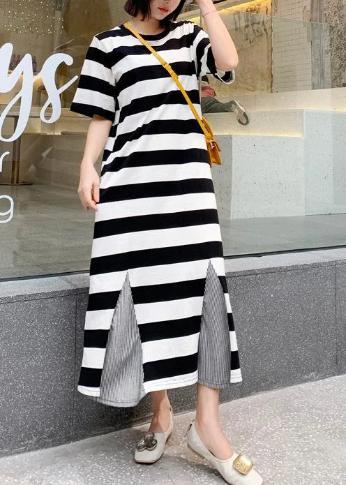 Don't Miss chic shift dressModern striped cotton tunic pattern patchwork hem Robe summer Dresses