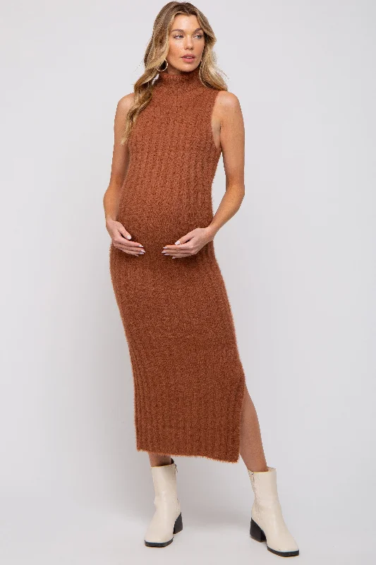 Massive Deals elegant maxi dressCamel Fuzzy Knit Sleeveless Turtle Neck Maternity Midi Dress