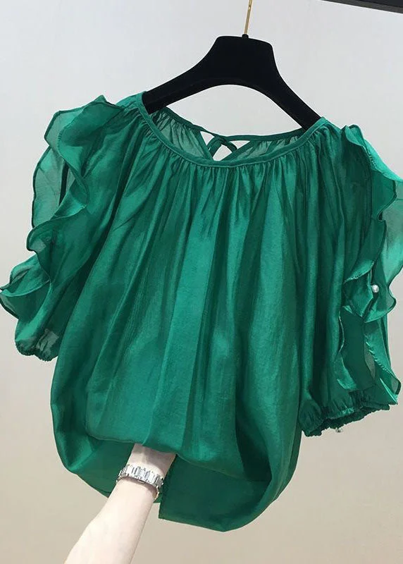 Huge Savings Loose Green Ruffled Patchwork Chiffon Shirt Tops Summer LY0619