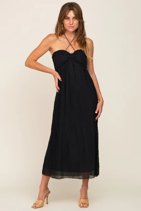 Exclusive Online Offer satin dressBlack Pleated Cross Front Halter Midi Dress