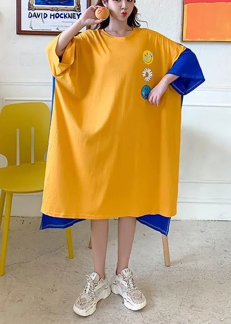 Clearance Items wrap-around dressClassy yellow Smiley print clothes Women o neck patchwork Art Dress
