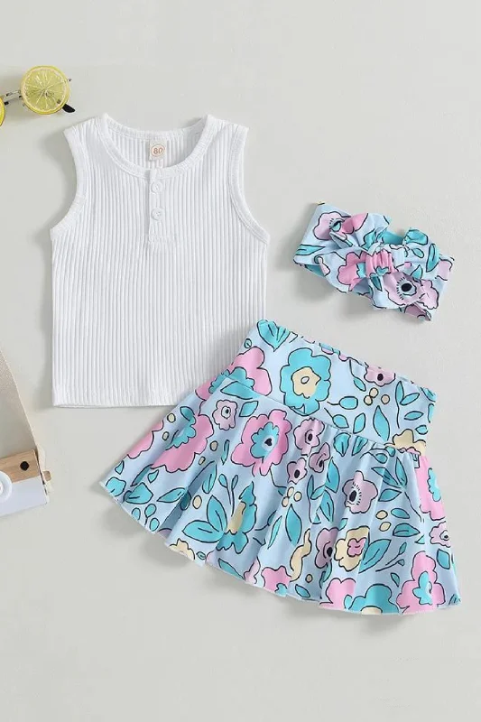 Limited Time Discount Girls Clothing Sets Summer Toddler Girls Clothes Kids Sleeveless Tank Tops+Floral Skorts+Headband Girls Suit Children Clothing