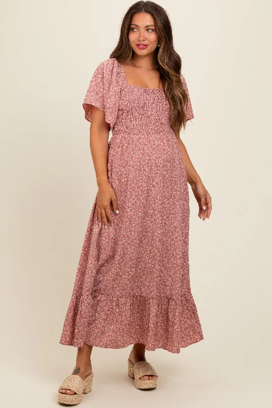 Time-Limited Offer mini dressMauve Flowy Ditsy Floral Smocked Maternity Midi Dress