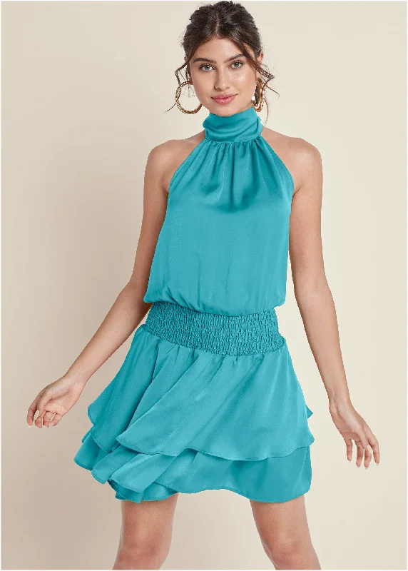 Special Offer flowy maxi dressHigh Neck Mini Dress - Aqua