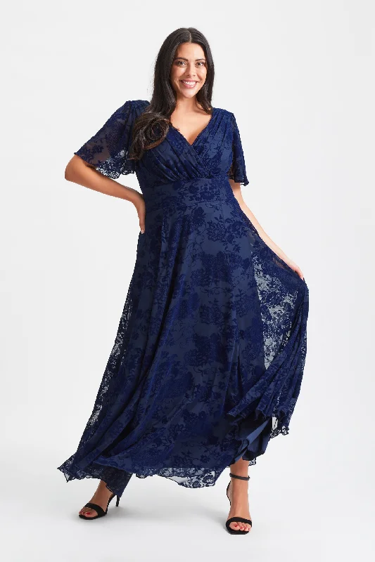 Super Sale casual shift dressIsabelle Dark Navy Velvet Flock Angel Sleeve Maxi Dress
