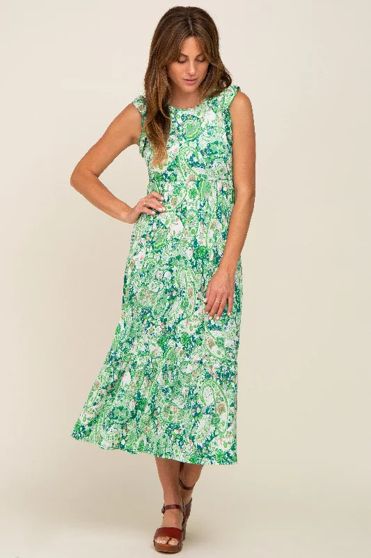 Act Now off-shoulder dressGreen Floral Paisley Tiered Midi Dress