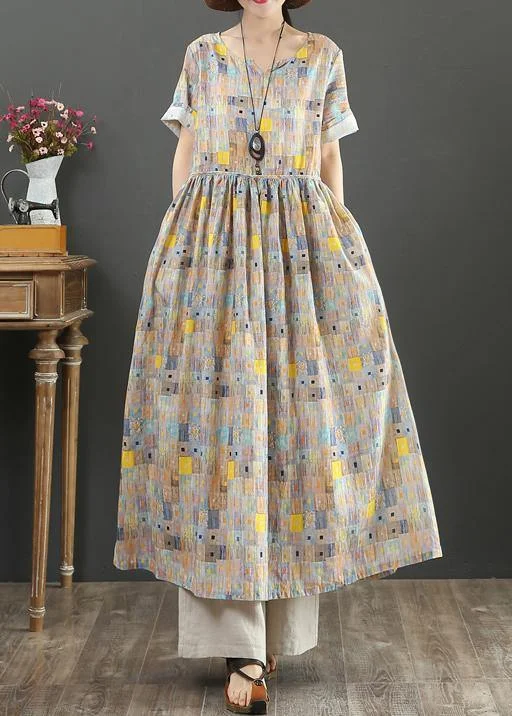 Midnight Sale tiered dressElegant o neck Cinched cotton Robes Catwalk khaki print Dress