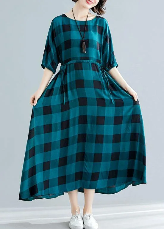 Huge Discounts casual midi dressLoose green plaid cotton dress half sleeve Dresses summer Dresses