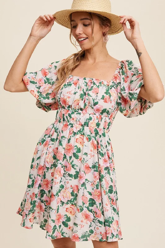 Markdowns layered dressCream Flower Print Square Neck Cinched Dress
