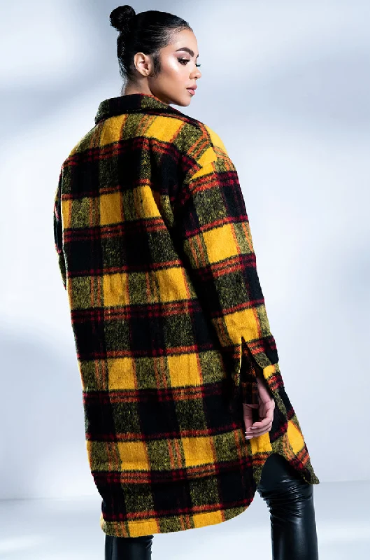 Shop and Save casual trench coatFUZZY PLAID LONG SHACKET WITH QUILTED LINING