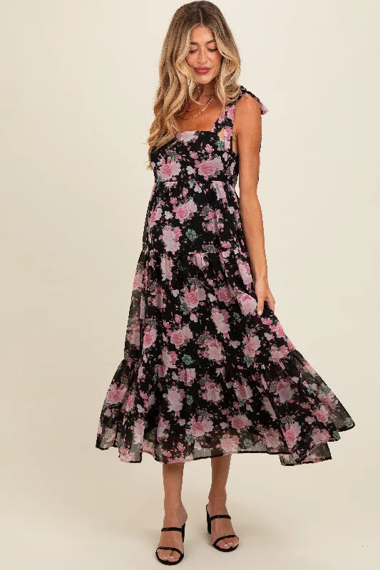 Fantastic Deals comfy maxi dressBlack Floral Print Tie Strap Maternity Midi Dress