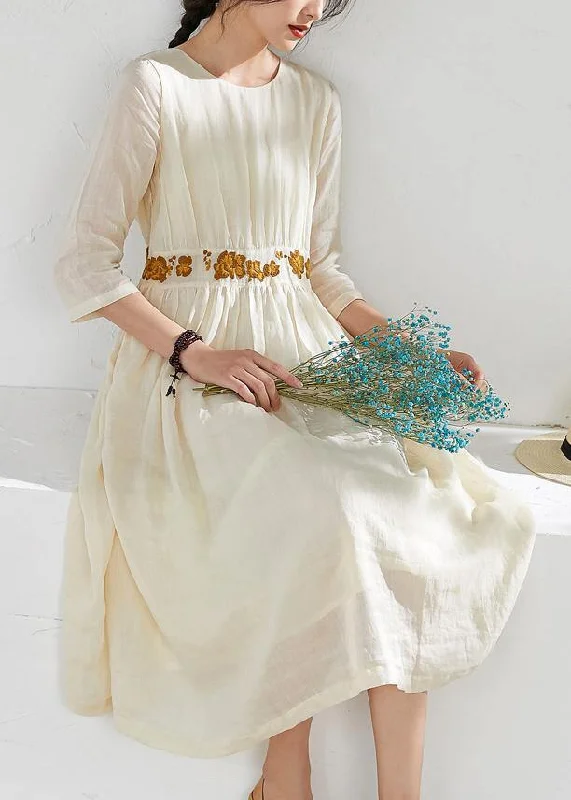 Discount Deals silk dressBeautiful o neck embroidery linen summer clothes Sewing beige Dresses