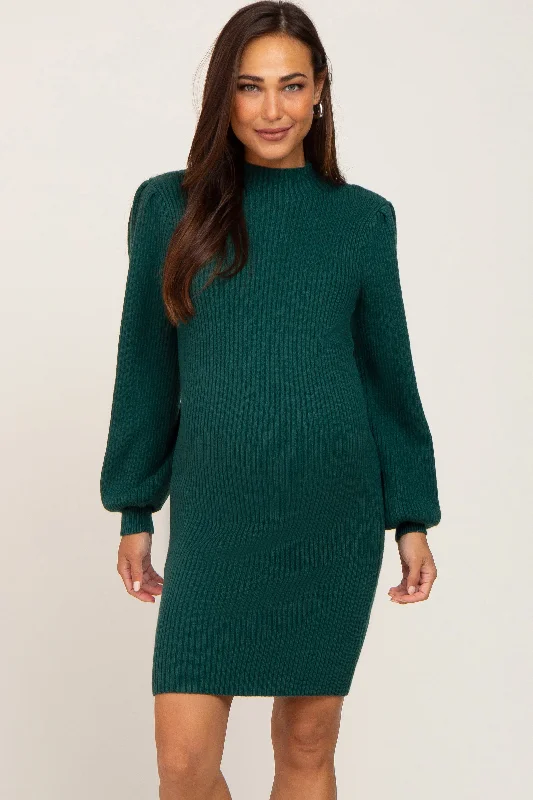 Buy More, Save More trendy bodycon dressHunter Green Mock Neck Puff Sleeve Knit Dress