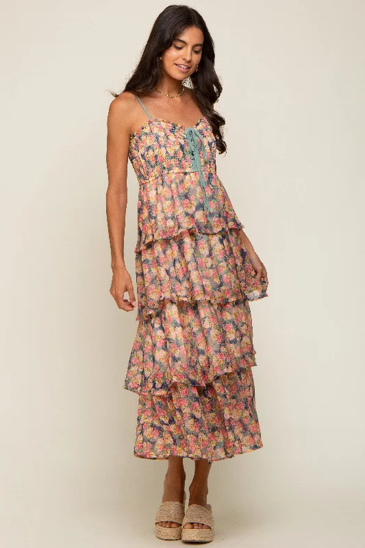 Best Bargains casual midi dressNavy Floral Sleeveless Tiered Maxi Dress