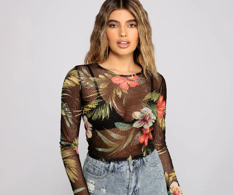 Daily Deals Tropical Long Sleeve Mesh Crop Top