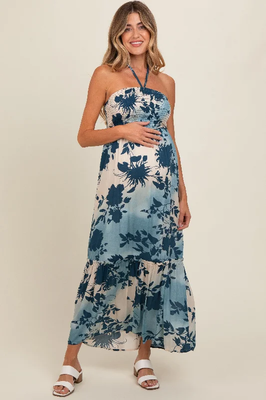 Limited Time Discount silk dressBlue Floral Smocked Halter Maternity Maxi Dress