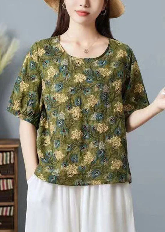 Special Discount Women Green O Neck Print Patchwork Cotton T Shirt Top Summer TP1031