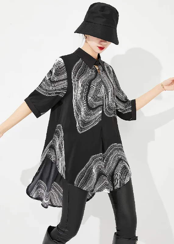 Stock Clearance Modern Black Print Low High Design Draping Chiffon Blouse Tops Summer LY0880