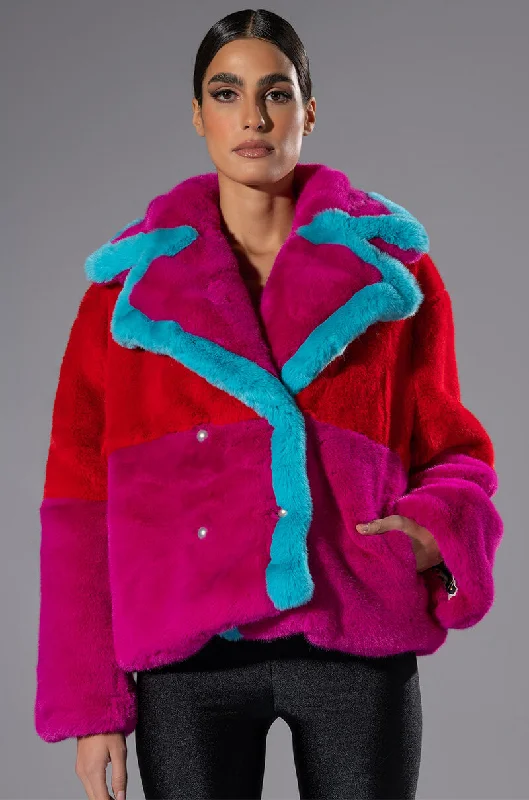 Steals and Deals stylish raincoatJAYLEY BRAND FAUX FUR COLOR BLOCK JACKET