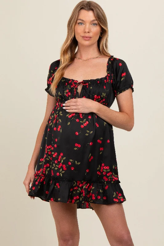Flash Deals flowy dressBlack Cherry Puff Sleeve Maternity Mini Dress