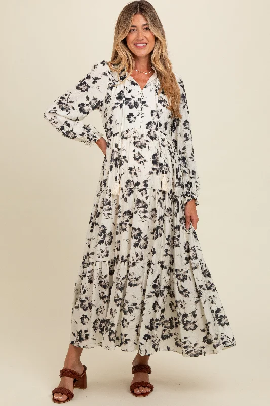 Doorbuster Deal ashionable dressBlack Floral Button Front Tiered Long Sleeve Maternity Maxi Dress