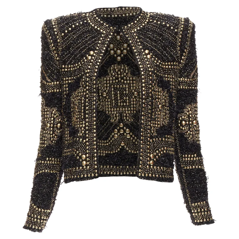 Weekend Flash Sale Balmain Gold Black Boucle Tweed Gold Studded Power Shoulder Jacket