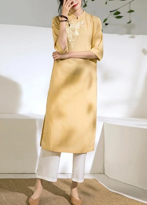 Deal of the Week shift dressdiy yellow linen dress stand collar embroidery shift summer Dress