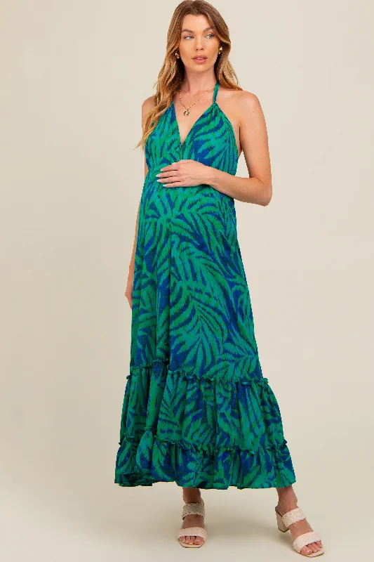 Mega Sale wrap dressGreen Leaf Print Halter Maternity Maxi Dress