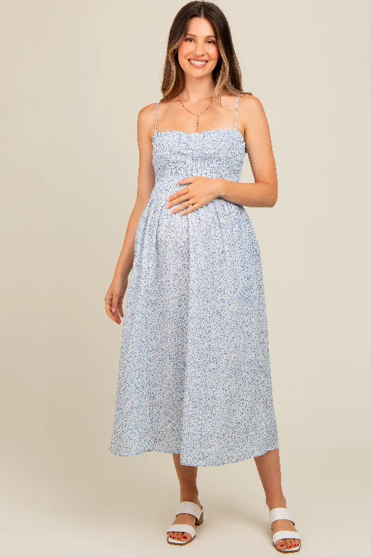 Deep Discounts satin dressLight Blue Printed Smocked Maternity Midi Dress