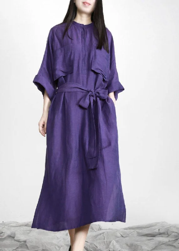 Year-End Sale bohemian dressNatural Purple Tunic V Neck Pockets Holiday Linen Dress