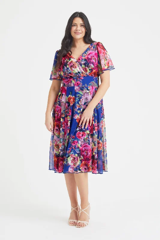 Fantastic Offers velvet dressVictoria Royal Blue Multi Angel Sleeve Mesh Midi Dress