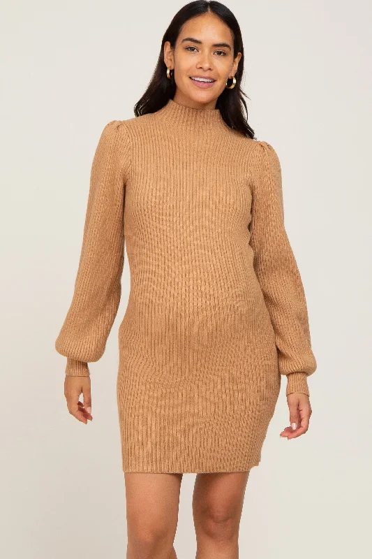 Overstock casual summer dressCamel Mock Neck Puff Sleeve Maternity Sweater Dress