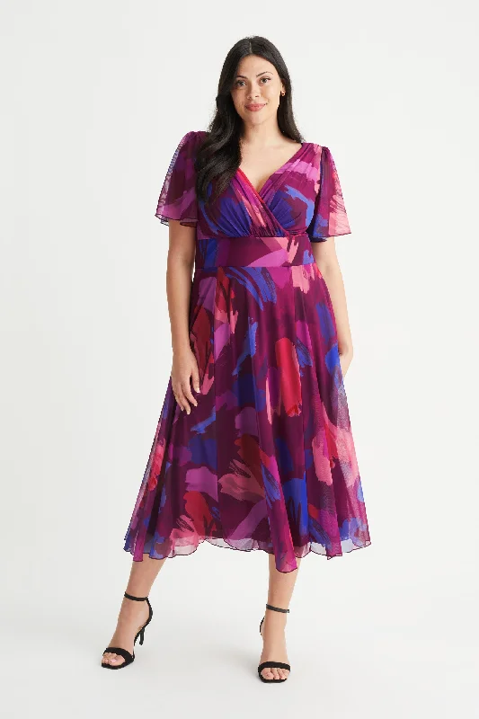 Deal Mania trendy bodycon dressVictoria Magenta Splash Angel Sleeve Mesh Long Midi Dress
