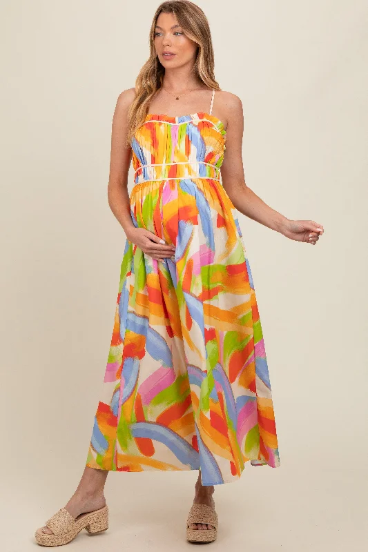 Special Price fitted cocktail dressWhite Abstract Print Pleated Bodice Maternity Maxi Dress