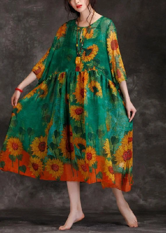 Quick Sale high-waisted dressLoose green print clothes For Women o neck Cinched Maxi summer Dresses