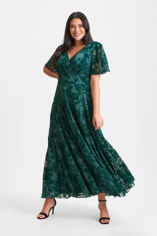 Discount Days floral midi dressIsabelle Dark Green Velvet Flock Angel Sleeve Maxi Dress