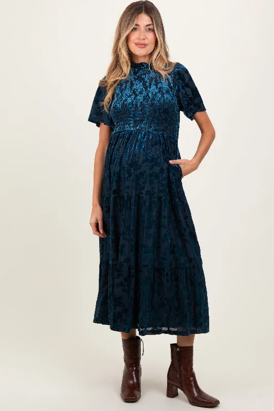 Instant Discount trendy dressNavy Floral Velvet Print Smocked Maternity Midi Dress