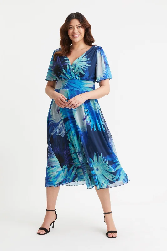 Fantastic Deals summer dressVictoria Blue Sunflower Angel Sleeve Mesh Midi Dress