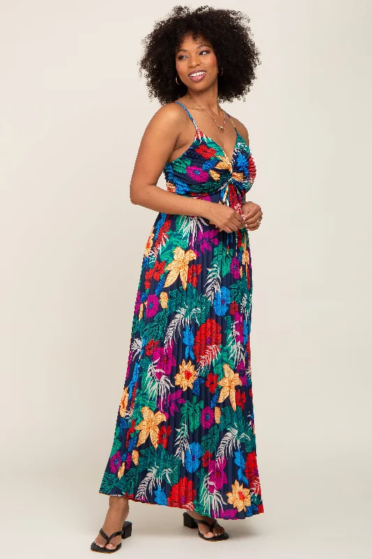 Midnight Sale casual shift dressBlack Tropical Floral Satin Pleated Maxi Dress