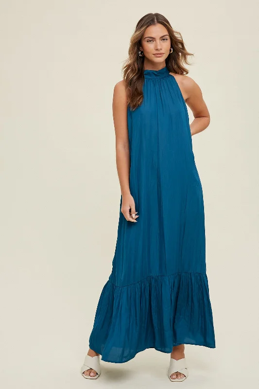 Exclusive Access cocktail dressTeal Textured Halter Tie Maxi Dress