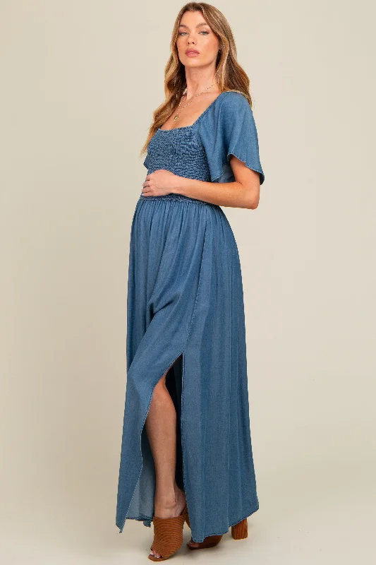 Final Sale chic slip dressBlue Chambray Smocked Maternity Maxi Dress