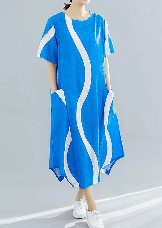Super Sale casual shift dressOrganic o neck asymmetric cotton tunic top Runway blue striped Art Dresses summer