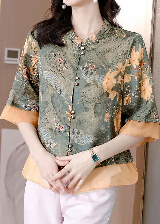 Super Bargain Women Colorblock Stand Collar Patchwork Print Silk Tops Summer LC0262