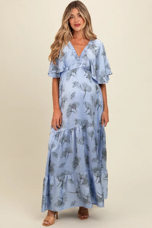 Deal Alert romantic dressLight Blue Floral Deep V-Neck Maternity Maxi Dress