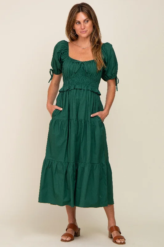 Holiday Sale relaxed fit dressForest Green Shirred Front Tie Short Sleeve Tiered Midi Dres