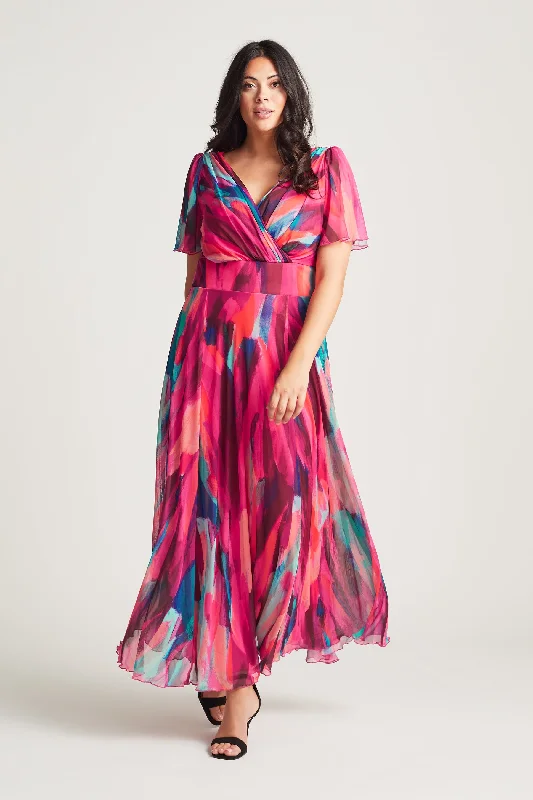 Early Bird Discount modern dressIsabelle Winter Pink Print Float Sleeve Maxi Dress