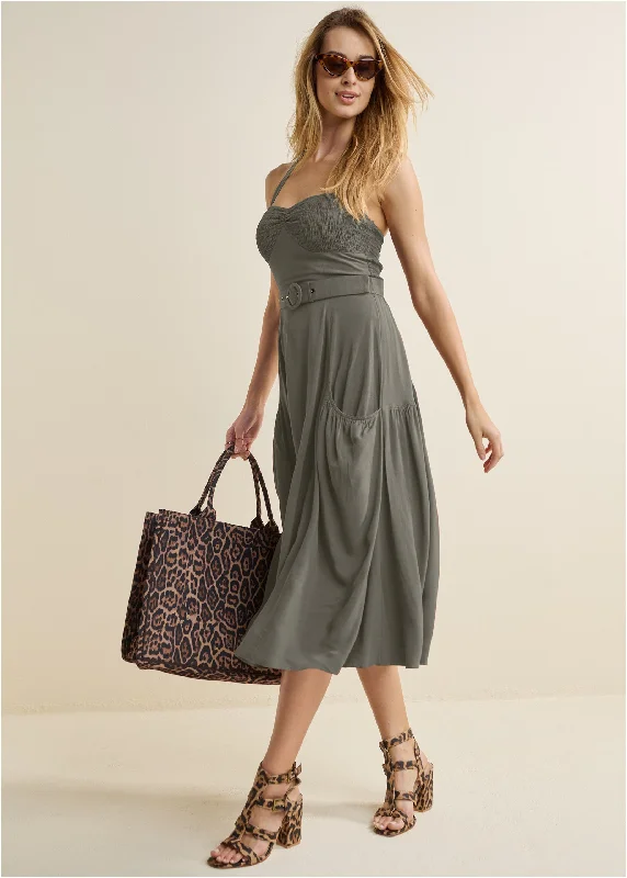 Price Rollback formal dressBelted Halter Midi Dress - Olive